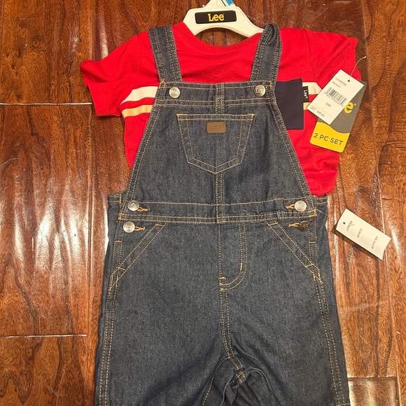 Lee brand stylish cute Denim Blue Kids Overalls w/ red tee 24 months NWT - Picture 2 of 3